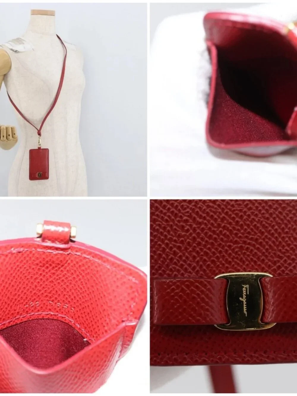 Salvatore Ferragamo Vala Neck Card Case Leather Red Gold Auth AMZ180A